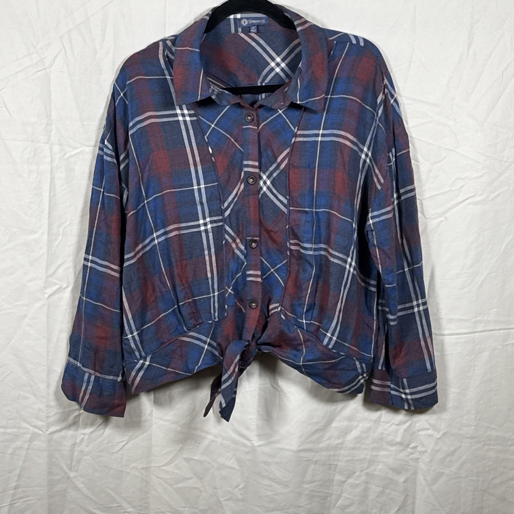 Democracy Women's Long Sleeve Tie Waste Plaid Shirt Heather‎ Blue Red Size Large